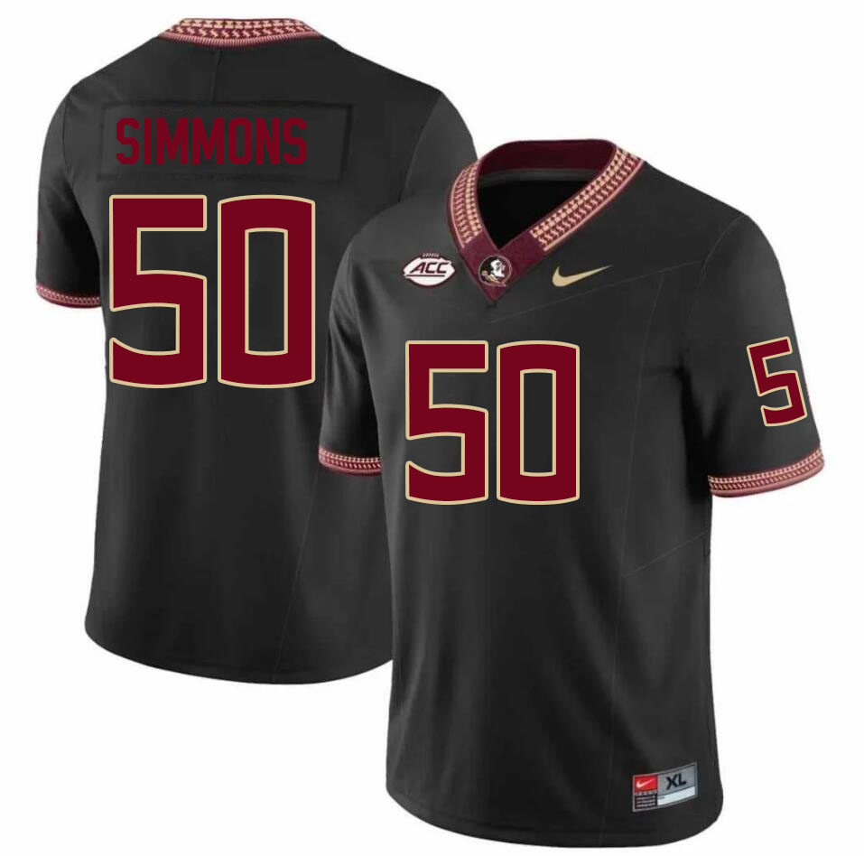#50 Ron Simmons Florida State Seminoles Jerseys Football Stitched-Black